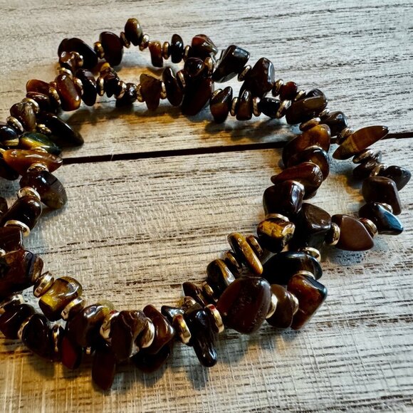Chunky Tiger’s Eye & Gold Hematite Wrap Bracelet | Natural Gemstone Jewelry - Picture 3 of 3